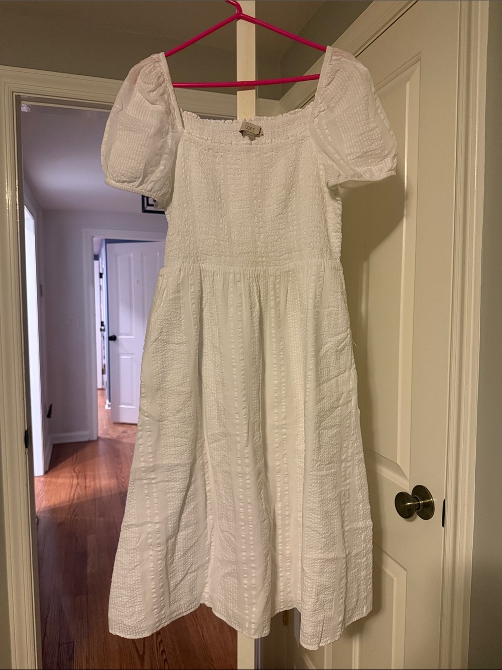LOFT White Textured Puff Sleeve Midi Dress